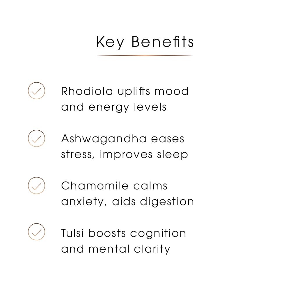 Graphic showing Balance Capsules benefits: rhodiola for stress, ashwagandha for nervous system, chamomile for digestion, tulsi for focus.