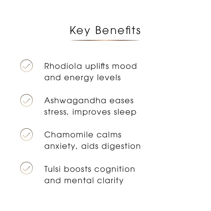 Graphic showing Balance Capsules benefits: rhodiola for stress, ashwagandha for nervous system, chamomile for digestion, tulsi for focus.